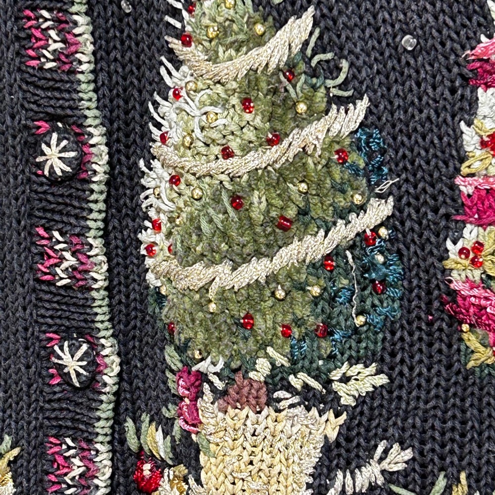Stitches In Time Vintage Christmas Cardigan Black Floral Tree Beaded Mens M - Picture 3 of 11